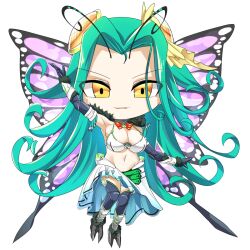 Rule 34 | 1girl, antennae, arm up, armored boots, armpits, bikini, bikini top only, blue hair, boots, bow, bowtie, breasts, butterfly girl, butterfly wings, character request, chibi, cleavage, closed mouth, commentary request, curly hair, full body, gauntlets, hair ornament, hop step jumpers, insect wings, large breasts, lets0020, long hair, looking at viewer, navel, parted bangs, purple wings, red bow, red bowtie, simple background, skirt, smile, solo, swimsuit, transparent background, very long hair, white bikini, white skirt, wings, yellow eyes