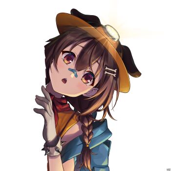 1girl :d absurdres animal_ears backpack bag bandaid bandaid_on_face bandaid_on_nose blue_bag bone_hair_ornament braid braided_twintails brown_eyes brown_hair commentary_request dog_ears double-parted_bangs ears_through_headwear extra_ears gloves hair_between_eyes hair_ornament hairclip head_tilt headlamp highres hololive inugami_korone leaning_to_the_side long_hair looking_at_viewer low_twin_braids low_twintails mining_helmet official_alternate_costume open_mouth parallel_hairclips peeking_out raised_eyebrows shirt simple_background smile solo spiked_gloves transparent_background traveler_(artbbt) triangle_mouth twin_braids twintails upper_body virtual_youtuber white_gloves wonky_monkey yellow_shirt