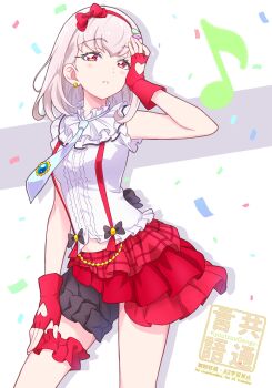 1girl arm_up bare_arms bare_legs blonde_hair blunt_bangs bob_cut confetti earrings fingerless_gloves frilled_skirt frills gingham_skirt gloves hair_ornament hairpin half_gloves headband highres idol jewelry kimi_to_idol_precure kyoutsuugengo leg_belt looking_at_viewer midriff_peek miniskirt musical_note necktie pearl_earrings precure purirun_(civilian)_(precure) purirun_(precure) red_eyes red_gloves red_headband ribbon ribbon-trimmed_headband shirt skirt sleeveless sleeveless_shirt solo solo_focus twitter_username watermark white_shirt