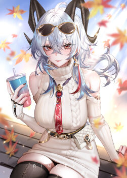 1girl absurdres black_horns black_nails black_thighhighs breasts clothing_cutout commentary cup curled_horns day disposable_cup dress earrings eyewear_on_head falling_leaves grey_dress grey_hair hair_between_eyes highres horns jewelry large_breasts leaf looking_at_viewer necktie official_alternate_costume on_bench ponytail red_eyes red_necktie ringeko-chan shoulder_cutout sitting skindentation solo sunglasses sweater sweater_dress thighhighs turtleneck turtleneck_dress wuthering_waves zani_(downtown_repose)_(wuthering_waves) zani_(wuthering_waves)