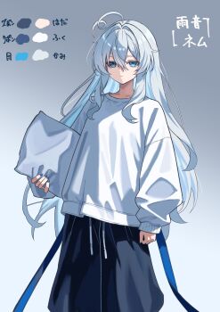 123haruno_oto 1girl :| ahoge arms_at_sides black_shorts blue_eyes closed_mouth color_guide commentary_request cowboy_shot dot_nose double-parted_bangs expressionless fingernails gradient_background grey_background grey_hair grey_nails hair_between_eyes hair_intakes highres holding long_bangs long_hair long_sleeves nail_polish original shorts solo standing sweater translation_request white_sweater