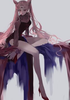 1girl bishoujo_senshi_sailor_moon bishoujo_senshi_sailor_moon_r black_lady_(sailor_moon) chibi_usa crescent crescent_facial_mark double_bun dress facial_mark forehead_mark full_body hair_bun high_heels highres legs lips long_hair long_sleeves looking_at_viewer naaag parted_lips pink_eyes pink_hair red_footwear red_lips see-through_clothes see-through_sleeves side_slit sitting slit solo twintails very_long_hair