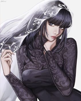 1girl absurdres black_dress black_eyes black_hair closed_mouth commentary dress hand_on_own_neck head_tilt highres holding holding_veil lace lace-trimmed_veil lace_dress lace_sleeves lace_trim lips long_hair long_sleeves looking_at_viewer nivactrov1 osaragi_(sakamoto_days) sakamoto_days see-through_clothes see-through_veil simple_background solo twitter_username upper_body veil white_background white_veil