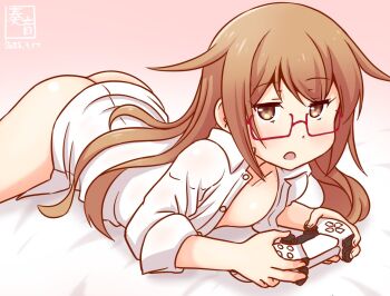 1girl artist_logo ass breasts brown_eyes brown_hair collared_shirt controller dated dress_shirt feet_out_of_frame game_controller glasses gradient_background kanon_(kurogane_knights) kantai_collection logo long_hair lying mochizuki_(kancolle) naked_shirt no_panties on_stomach one-hour_drawing_challenge open_clothes open_shirt pink_background red-framed_eyewear shirt small_breasts solo white_shirt