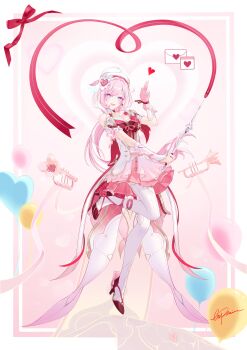 1girl absurdres beret breasts chinese_commentary commentary_request diamond-shaped_pupils diamond_(shape) dress elysia_(hi_love_elf)_(honkai_impact) elysia_(honkai_impact) explain full_body gloves hat high_heels highres holding_ribbon_baton honkai_(series) honkai_impact_3rd instrument large_breasts letter long_hair looking_at_viewer multicolored_hair pink_gloves pink_hair purple_eyes red_dress smile solo symbol-shaped_pupils thighhighs trumpet two-tone_dress two-tone_hair very_long_hair white_dress white_hair white_thighhighs