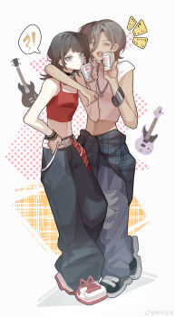 2girls absurdres arm_around_neck bang_dream! bang_dream!_it's_mygo!!!!! bass_guitar black_hair black_pants brown_hair camisole can censored chinese_commentary commentary_request crop_top ear_piercing girls_band_cry grey_pants hair_between_eyes haobuguniao highres holding holding_can instrument instrument_connection long_hair_between_eyes medium_hair midriff mole mole_under_eye mosaic_censoring multiple_girls one_eye_closed open_mouth pants piercing red_camisole rupa_(girls_band_cry) shirt short_hair smile white_shirt yahata_umiri