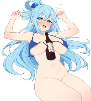 1girl absurdres aqua_(konosuba) areola_slip armpits arms_up between_breasts bikini bikini_top_only blue_bikini blue_eyes blue_hair blush bottle_between_breasts breasts commentary cowboy_shot drunk dullahan_(alekey_art) english_commentary hair_ornament hair_rings highres kono_subarashii_sekai_ni_shukufuku_wo! large_breasts long_hair looking_at_viewer lying mixed-language_commentary navel no_panties on_back open_mouth paid_reward_available simple_background single_hair_ring smile solo sphere_hair_ornament swimsuit untied_bikini_top white_background
