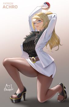 1girl absurdres achromaru arms_up belt belt_buckle black_shirt blonde_hair blue_eyes breasts brenda_(pokemon) brown_belt brown_pantyhose buckle commentary english_commentary feet fur-trimmed_jacket fur_trim glasses high_heel_sandals high_heels highres holding holding_poke_ball jacket kneeling large_breasts legs long_hair long_sleeves nintendo open-toe_shoes open_clothes open_jacket open_mouth pantyhose poke_ball poke_ball_(basic) pokemon pokemon_duel ponytail sandals semi-rimless_eyewear shirt skirt teeth toenails toes upper_teeth_only white_jacket white_skirt