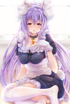 1girl :o absurdres alternate_costume animal_ears apron arm_behind_back blue_dress blush breasts carrot_necklace cleavage curious dress frilled_dress frills full_body gloves guchadoro hair_between_eyes hand_on_own_chest hand_up highres jewelry legs_folded long_hair looking_at_viewer maid_headdress medium_breasts necklace on_floor purple_hair rabbit_ears rabbit_girl rabbit_tail red_eyes reisen_udongein_inaba sitting solo tail textless_version thighhighs touhou very_long_hair white_apron white_gloves