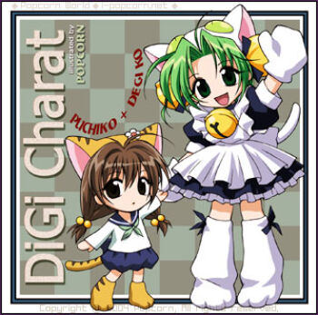 2004 2girls ahoge animal_hat anime_coloring apron archived_source artist_name bell black_dress black_outline black_ribbon blouse blue_eyes blue_pants blue_sailor_collar blue_shorts border bow broccoli_(company) brown_hair brown_shoes cat_girl cat_hat cat_tail character_name checkered_background child closed_mouth commentary_request copyright_name copyright_notice dated dated_commentary dejiko di_gi_charat dress english_text flower forehead full_body green_hair green_neckerchief hair_bell hair_bobbles hair_intakes hair_ornament hair_ribbon hat holding_hands jingle_bell jpeg_artifacts korean_commentary long_hair long_sleeves looking_at_viewer low-tied_long_hair low_twintails lowres medium_hair mittens multiple_girls neck_bell neckerchief no_nose open_mouth outline pants parted_bangs paw_shoes petticoat popcorn_kang puchiko puffy_pants puffy_short_sleeves puffy_sleeves ribbon sailor_collar sailor_shirt shirt shoes short_sleeves shorts simple_background sitting smile striped_hat striped_tail tail text_background tongue twintails watermark waving web_address white_apron white_border white_bow white_flower white_hat white_mittens white_shirt white_shoes white_sleeves white_tail yellow_background yellow_hat yellow_shoes