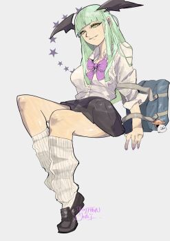 1girl alternate_costume artist_name bag bat_wings black_skirt blunt_bangs bow bowtie breasts charm_(object) collared_shirt commentary_request darkstalkers demon_girl full_body green_eyes green_hair grey_background head_wings highres invisible_chair jinbei_(jinbei0608) loafers long_hair looking_at_viewer loose_socks morrigan_aensland pleated_skirt purple_bow purple_bowtie school_bag school_uniform shirt shoes simple_background sitting skirt sleeves_rolled_up smile socks solo white_shirt white_socks wings yellow_eyes