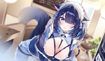1girl absurdres animal_ear_fluff animal_ears apron blue_dress blue_eyes blue_hair blurry blurry_background blush breasts cafe cat_ears cat_girl cat_tail ceiling_light chair chest_harness cleavage colored_inner_animal_ears colored_inner_hair commentary desk door dress duchi0356 dutch_angle eyes_visible_through_hair frilled_apron frilled_dress frilled_hairband frills hair_between_eyes hair_ornament hairband harness heart heart_o-ring highres large_breasts leaning_forward light_particles looking_at_viewer maid maid_apron maid_headdress menu_board multicolored_hair o-ring open_door open_mouth open_sign original paw_print paw_print_pattern plant short_hair solo strap sweat tail wavy_mouth window wooden_floor