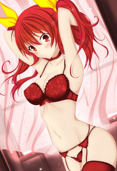 1girl armpits arms_up blush bow bra breasts choker cleavage closed_mouth collarbone colorized dot_nose female_focus from_side hair_bow hair_ribbon highres indoors large_breasts long_hair looking_at_viewer looking_to_the_side midriff navel novel_illustration official_art panties rakudai_kishi_no_cavalry red_bra red_choker red_eyes red_garter_belt red_garter_straps red_hair red_panties red_socks red_thighhighs ribbon sexually_suggestive socks solo solo_focus stella_vermillion stomach thick_thighs thighhighs thighs twintails underwear window window_shadow won_(az_hybrid) yellow_bow yellow_ribbon
