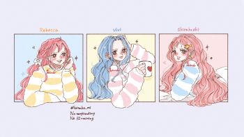 3girls blue_eyes blue_hair blush bow commentary_request cup earrings fish_hair_ornament hair_bow hair_ornament heart highres holding holding_cup jewelry koinako_mi lips long_hair multiple_girls nefertari_vivi one_piece pajamas pink_hair rebecca_(one_piece) shell shell_earrings shirahoshi smile sparkle striped_clothes striped_pajamas