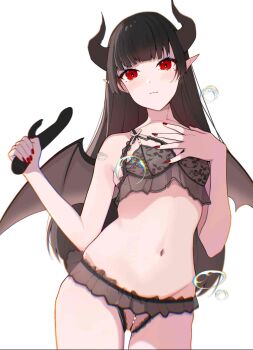 1girl bare_arms bare_shoulders black_hair bra brown_bra commentary_request cowboy_shot demon_girl demon_horns demon_wings dildo hands_up highres holding holding_sex_toy horns juzi_wei_qishui long_hair nail_polish navel original red_eyes red_nails sex_toy simple_background smile solo underwear white_background wings