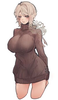 09wave_hb 1girl blue_eyes bow bowtie breasts brown_sweater cowboy_shot faust_(project_moon) large_breasts limbus_company long_sleeves looking_at_viewer project_moon ribbed_sweater short_hair simple_background solo sweater turtleneck turtleneck_sweater white_background white_bow white_hair