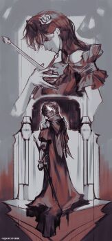 1girl absurdres armlet armor bangle blood blood_on_clothes blood_on_face bracelet clenched_hand cloak commentary english_commentary flower hair_flower hair_ornament hand_up highres hood hood_down impaled jewelry logicsterrr looking_at_viewer looking_back multiple_views red_cloak red_hair scabbard seishan shadow_slave sheath shoulder_armor single_hair_streak smirk sword two-point_perspective weapon