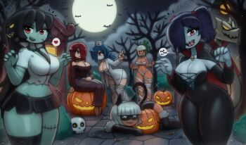 absurdres animal_ears ass breasts cat_ears cleavage halloween highres multiple_girls pumpkin skullgirls squigly_(skullgirls) tony_welt zombie