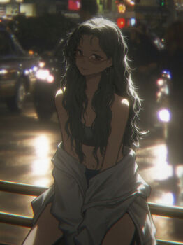 1girl absurdres backlighting bare_shoulders black_shorts black_tank_top car closed_mouth commentary crop_top crosswalk crowd curtained_hair earrings glasses gold_earrings green_hair highres hoop_earrings jacket jacket_partially_removed jewelry long_hair looking_at_viewer midriff motor_vehicle navel neon_lights night on_railing original photo_background railing shorts sitting smile solo sunglasses symbol-only_commentary tank_top tinted_eyewear traffic wang-xi wavy_hair white_jacket