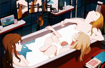 3girls arm_rest arms_at_sides bath bathing bathroom blonde_hair book bottle breasts brown_hair cigarette closed_eyes closed_mouth collarbone commentary convenient_censoring cup faucet flower from_above hair_down hand_up hands_up head_back highres holding holding_cigarette indoors industrial_pipe judy_knightley knees_up light_brown_hair long_hair looking_at_another medium_breasts mirror multiple_girls nude orange_flower parted_bangs partially_submerged picture_frame profile purple_eyes reflection saijou_claudine same-sex_bathing shadow shared_bathing shoujo_kageki_revue_starlight sidelocks sitting smile soap statuette tendou_maya tile_wall tiles towel vojaganto water wine_bottle