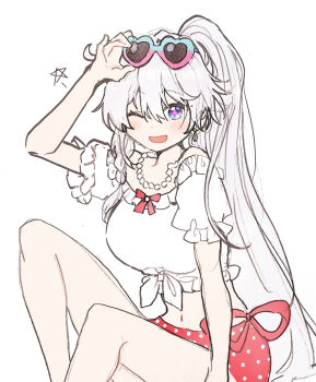 1girl 5rwpvc :o ;o absurdres adjusting_eyewear blue_eyes breasts diamond-shaped_pupils diamond_(shape) earrings eyewear_on_head heart heart-shaped_eyewear high_ponytail highres honkai_(series) honkai_impact_3rd jewelry kiana_kaslana kiana_kaslana_(herrscher_of_finality) large_breasts long_hair looking_at_viewer midriff miniskirt navel necklace official_alternate_costume one_eye_closed pearl_necklace ponytail red_skirt shirt simple_background skirt smile solo symbol-shaped_pupils very_long_hair white_background white_hair white_shirt