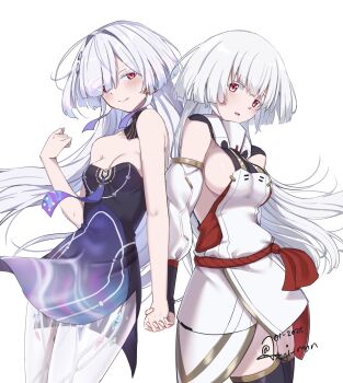 2girls alice_gear_aegis bare_shoulders blush breasts cleavage closed_mouth colored_eyelashes commentary crossover dated dress hair_ornament highres holding_hands kanaya_neri looking_at_viewer medium_breasts mornye_(wuthering_waves) multiple_girls no_jacket open_mouth purple_dress red_eyes see-through_body signature simple_background smile sundajin_asagi white_background white_dress wuthering_waves