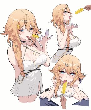 1boy 1girl absurdres black_choker blonde_hair blue_eyes blush braid breasts breasts_apart choker commentary diamond_hair_ornament double-parted_bangs dress english_commentary fellatio food hair_between_eyes hair_ornament hair_over_shoulder hairclip hand_up hands_up heart heart_hair_ornament highres holding holding_food holding_popsicle hood_(james_x) kaneko_lumi large_breasts long_bangs long_hair looking_at_viewer multiple_views ok_sign oral out_of_frame palms parallel_hairclips phase_connect popsicle saliva saliva_trail second-party_source short_dress simple_background simulated_fellatio sleeveless sleeveless_dress squatting standing tongue tongue_out virtual_youtuber white_background white_dress