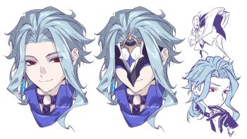 1boy arm_up black_gloves blue_hair blue_shirt closed_mouth colored_eyelashes commentary covered_eyes cropped_shoulders dottore_(genshin_impact) genshin_impact gloves long_hair looking_at_viewer maka_(mksrw) male_focus mask multiple_views o-ring parted_hair profile red_eyes shirt simple_background smile symbol-only_commentary white_background