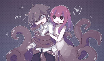 1boy 1girl :d @_@ absurdres ahoge bare_shoulders bdsm black_eyes black_pantyhose brown_background brown_eyes brown_hair collared_shirt colored_skin commentary_request crying crying_with_eyes_open dark_skin femdom flat_chest grabbed_by_tentacles grabbing_another's_arm grabbing_another's_penis heart heart-shaped_pupils highres light_blush long_hair looking_at_viewer looking_down monster_girl multicolored_skin nipples open_mouth original pantyhose partially_unbuttoned polka_dot polka_dot_background pussy pussy_juice red_hair red_pupils scylla sekai_kaimetsu shaking shirt short_hair sidelocks slime_(substance) smile spoken_hand suggestive_fluid sweat sweatdrop symbol-shaped_pupils tears tentacle_hair tentacle_in_mouth tentacles tentacles_on_male two-tone_skin worried