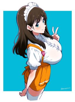 1girl alternate_costume blue_background blue_eyes blush breasts brown_hair buttons enmaided hibike!_euphonium highres kotomozou kuroe_mayu large_breasts long_hair looking_at_viewer maid maid_headdress orange_skirt shirt simple_background skirt smile suspender_skirt suspenders thighhighs thighs v white_shirt white_thighhighs
