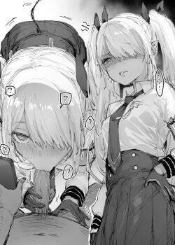 ... 013_(hamsasuke) 1boy 1girl :>= ? @_@ bent_over blue_archive blush collared_shirt erection fellatio gloves greyscale hair_over_one_eye hetero highres hypnosis iori_(blue_archive) long_hair long_sleeves mind_control monochrome necktie oral penis penis_grab pointy_ears pov shirt shirt_tucked_in skirt spoken_ellipsis spoken_question_mark twintails uncensored