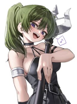 1girl absurdres bare_shoulders black_choker black_dress breasts choker commentary_request dress green_hair green_tea_(matchaistasty) highres holding holding_staff looking_at_viewer mage_staff medium_breasts musical_note o-ring o-ring_choker open_mouth pleated_dress purple_eyes side_ponytail simple_background sleeveless sleeveless_dress smile solo sousou_no_frieren spoken_musical_note staff ubel_(sousou_no_frieren) white_background