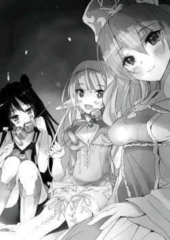 +_+ 3girls animal_ear_fluff animal_ears bike_shorts blush boots breasts capelet cat_ears cat_girl cleavage cleavage_cutout cleric closed_mouth clothing_cutout collar covered_erect_nipples dress eating elbow_gauntlets elbow_gloves elf flat_chest food gloves greyscale hair_between_eyes hairband hat head_tilt heart holding holding_food isekai_maou_to_shoukan_shoujo_no_dorei_majutsu large_breasts long_hair long_sleeves looking_at_viewer lumachina_weselia metal_collar monochrome multiple_girls night novel_illustration o-ring_collar official_art open_mouth pointy_ears priest rem_galeu shera_l._greenwood sitting smile thigh_boots third-party_source tsurusaki_takahiro very_long_hair wide_sleeves