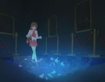 1girl absurdres ascot brown_hair fish glowing hashtag-only_commentary highres holding holding_shoes holding_unworn_clothes ib_(ib) ib_(kouri) indoors red_ascot red_eyes red_skirt ripples shirt shoes skirt solo unworn_shoes walking water white_shirt xenoee