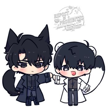 2boys :d ahoge animal_ears black_coat black_eyes black_hair black_shirt blush cat_ears cat_tail chibi chibi_only coat collared_shirt curtained_hair full_body hair_between_eyes holding_hands kemonomimi_mode kim_dokja kimidori_22 male_focus mouse_ears mouse_tail multiple_boys omniscient_reader&#039;s_viewpoint open_clothes open_coat open_mouth outstretched_arms popped_collar shirt short_hair smile standing tail white_coat yoo_joonghyuk