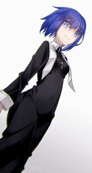 1girl black_dress blue_eyes blue_hair breasts ciel_(tsukihime) commentary_request cross cross_necklace dress highres jewelry long_sleeves looking_at_viewer medium_breasts necklace short_hair smile solo tsukihime yubeshi_(zecxl)