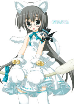 2000s_(style) 2girls animal_ear_fluff animal_ears animal_hands apron bell blush cat_ears cat_paws cat_tail cowboy_shot dress engrish eyepatch facing_viewer fake_animal_ears fujima_takuya glasses gloves jingle_bell long_hair looking_at_viewer mini_person minigirl multiple_girls paw_gloves ranguage simple_background solo standing tagme tail thighhighs white_apron white_background white_dress white_gloves white_thighhighs