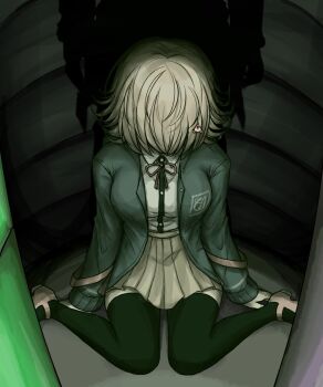 Rule 34 | 1girl, black jacket, black thighhighs, brown hair, brown skirt, commentary, danganronpa (series), danganronpa 2: goodbye despair, english commentary, hair ornament, hair over face, hairclip, highres, imminent death, jacket, kmnm 1403, long sleeves, looking down, nanami chiaki, neck ribbon, on floor, open clothes, open jacket, pink ribbon, ribbon, shadow, shirt, sitting, skirt, solo, spoilers, thighhighs, wariza, white shirt