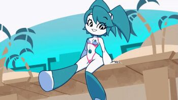 1girl animated animated_gif bare_shoulders beach bikini bouncing_breasts breasts dock grin happy jenny_wakeman joints kicking looking_at_viewer machine monstralgam my_life_as_a_teenage_robot navel nickelodeon nipples palm_tree robot robot_girl robot_joints sitting small_breasts smile solo swaying swimsuit topless_female tree