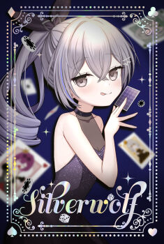 Rule 34 | 1girl, :q, bare shoulders, blush, breasts, card, character name, closed mouth, collarbone, commentary request, crossed bangs, dress, fingernails, grey hair, hair between eyes, hand up, highres, holding, holding card, honkai: star rail, honkai (series), long hair, looking at viewer, oguraponti, ponytail, purple dress, silver wolf (honkai: star rail), sleeveless, sleeveless dress, small breasts, solo, tongue, tongue out, very long hair
