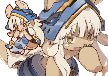 1other :3 absurdres animal_ears blue_helmet blue_pants body_fur brown_fur commentary_request ears_through_headwear fake_horns fang furry hand_to_own_mouth helmet highres horizontal_pupils horned_helmet horns long_hair looking_at_viewer made_in_abyss multiple_views nanachi_(made_in_abyss) narehate open_mouth other_focus pants puffy_pants rabbit_ears simple_background smile smug tail topless_other whiskers white_background white_hair yellow_eyes yuateheng