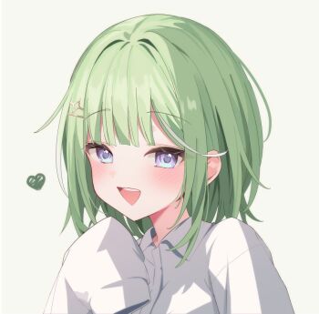 1girl :d collared_shirt commentary_request green_hair heart henaaaa korean_commentary long_sleeves medium_hair open_mouth purple_eyes shirt simple_background sleeves_past_fingers sleeves_past_wrists smile solo stellive triangle_mouth upper_body virtual_youtuber white_background white_shirt wing_collar wispy_bangs yuzuha_riko