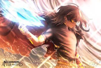 Rule 34 | 1boy, absurdres, ahoge, arthur leywin, black shirt, cape, casting spell, commentary, copyright name, cryokinesis, facial tattoo, floating cape, floating hair, from side, full-body tattoo, fur-trimmed cape, fur trim, glowing, glowing tattoo, grey hair, hair between eyes, highres, hip armor, ice crystal, imlyra, light particles, light rays, looking ahead, magic, male focus, medium hair, purple eyes, red cape, shirt, signature, solo, standing, swirl, tattoo, the beginning after the end, torn clothes, torn shirt, upper body