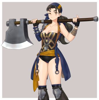 1girl absurdres axe bandana bare_shoulders black_hair breasts brown_eyes brown_hair commission commissioner_upload fire_emblem fire_emblem_engage highres holding holding_axe large_breasts long_hair looking_at_viewer mitan_(fire_emblem) nintendo non-web_source ponytail redkite333 solo