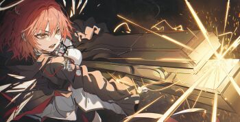 1girl absurdres arknights black_jacket casting_spell chromatic_aberration commentary detached_wings energy english_commentary exusiai_(arknights) exusiai_the_new_covenant_(arknights) hair_between_eyes halo highres holding holding_weapon jacket long_sleeves noubin open_mouth orange_hair shirt short_hair solo traditional_halo weapon white_halo white_shirt wings yellow_eyes