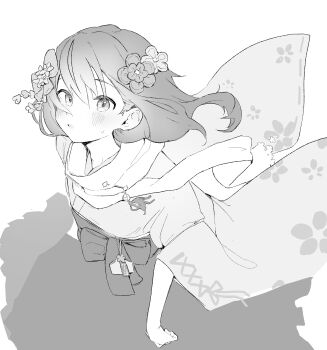 1boy absurdres blush bow commentary_request crossdressing crossdressing_(ftm) flower from_above furisode_sleeves greyscale hair_flower hair_ornament hakama hakama_skirt highres japanese_clothes kanzashi kimono looking_at_viewer male_focus medium_hair monochrome original parted_lips scar simple_background skirt sleeves_rolled_up small_sweatdrop solo trap tsumami_kanzashi waist_bow white_background wide_sleeves yurushite_elon