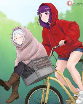 Rule 34 | 2girls, absurdres, basket, bicycle, bicycle basket, black pantyhose, blanket, blue shorts, boots, brown footwear, closed eyes, closed mouth, covering with blanket, day, dismaiden, e.t., elf, fern (sousou no frieren), frieren, grey hair, highres, hood, hood up, hoodie, in basket, in container, making-of available, multiple girls, outdoors, pantyhose, parody, pointy ears, purple eyes, purple hair, red hoodie, riding, riding bicycle, shoes, short shorts, shorts, smile, sneakers, sousou no frieren, tree, white footwear