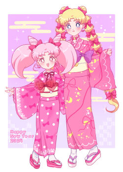 2024 2girls :d artist_request bishoujo_senshi_sailor_moon blonde_hair blue_eyes blush border bow chibi_usa crescent crescent_moon double_bun full_body hair_bow hair_bun hair_ornament happy_new_year highres japanese_clothes kimono long_hair long_sleeves moon mother_and_daughter multiple_girls new_year open_mouth outside_border pink_kimono pink_theme sailor_chibi_moon sailor_moon smile tsukino_usagi white_border