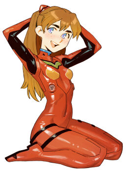 1girl alt_text arms_behind_head arms_up blue_eyes bodysuit breasts brown_hair effy_neprin full_body long_hair looking_at_viewer mecha_pilot_suit neon_genesis_evangelion plugsuit_(evangelion) red_bodysuit shiny_clothes simple_background sitting small_breasts solo souryuu_asuka_langley teeth tongue upper_teeth_only wariza white_background