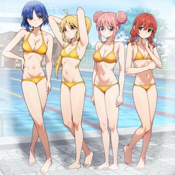 4girls ahoge arm_behind_head armpits arms_at_sides arms_up bare_arms bare_legs bare_shoulders barefoot bikini blonde_hair blue_eyes blue_hair bocchi_the_rock! braid breasts cleavage collarbone commentary crossed_ankles double_bun eyes_visible_through_hair flat_chest flying_sweatdrops full_body gotoh_hitori green_eyes groin hair_between_eyes hair_bun hand_on_own_chin hand_on_own_hip highres ijichi_nijika kita_ikuyo large_breasts long_hair low_twin_braids multiple_girls navel ponytail poolside red_eyes ryuhirohumi short_hair small_breasts standing stomach swimsuit twin_braids water yamada_ryo yellow_bikini yellow_eyes